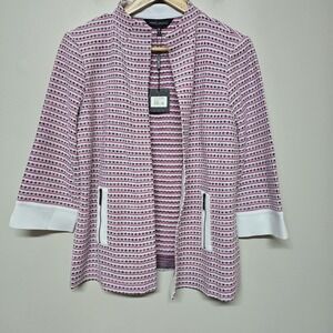 Ming Wang Heritage Jacket Cardigan Women's‎ M Pink White Stripe Zip Pockets NWT